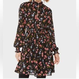 Kate Spade Meadow Smocked Waist Black Floral Long Sleeve Dress